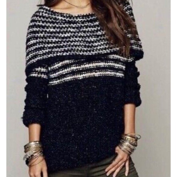 Free People Engineer Black White Striped Cowl Neck Wool Sweater Oversized S - Picture 2 of 14